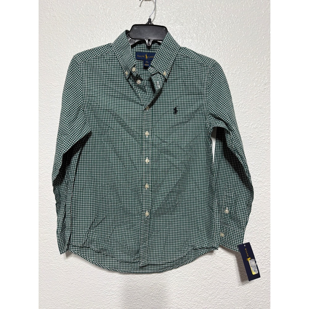 Ralph Lauren Boys Green White Gingham Button Down Shirt Size M 10-12 NWT